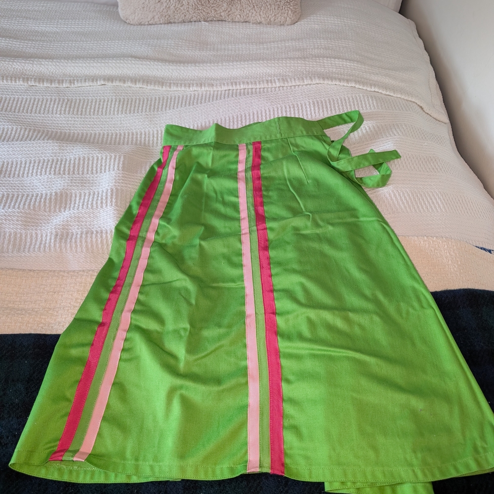 Vintage Green Stripe Wrap Skirt with Pink Accents